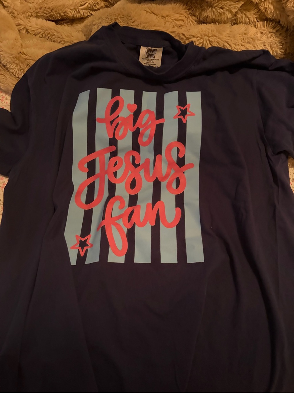 Comfort Colors Navy Tee with Light Blue Stripes and Coral Script